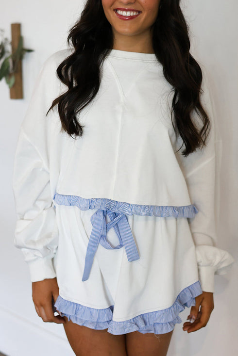 Plaid Ruffle Patchwork Drop Shoulder Pullover And Drawstring Waist Shorts Short Set